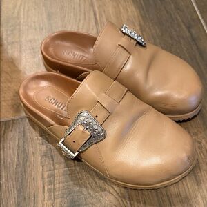 Schutz Tan Leather Mules with Silver Buckle